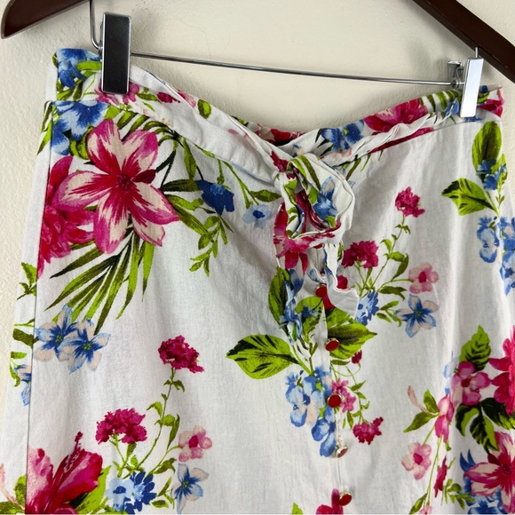 Linen Blend NYCC Tropical Floral Print Button Down A-Line Tie Waist Midi Skirt - Picture 3 of 12